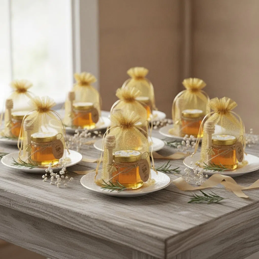 Vasetti Miele, Piccoli Barattoli Bomboniere Ber la Comunione, Contenitori per Miele Bomboniere, Barattolini Miele Sacchetti Organza per Natale Battesimo, 20 Pezzi 45ml