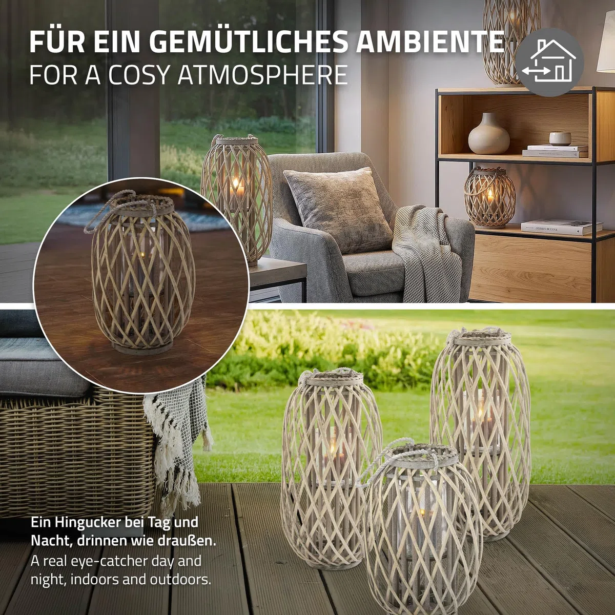 ECD Germany Lanterna Decorativa con Manico 40 x Ø 26 cm Legno Naturale Grigio/Marrone con Vimini Portacandele Rustica con Inserto in Vetro retrò da Giardino Terazza o Balcone per Interno o Esterno
