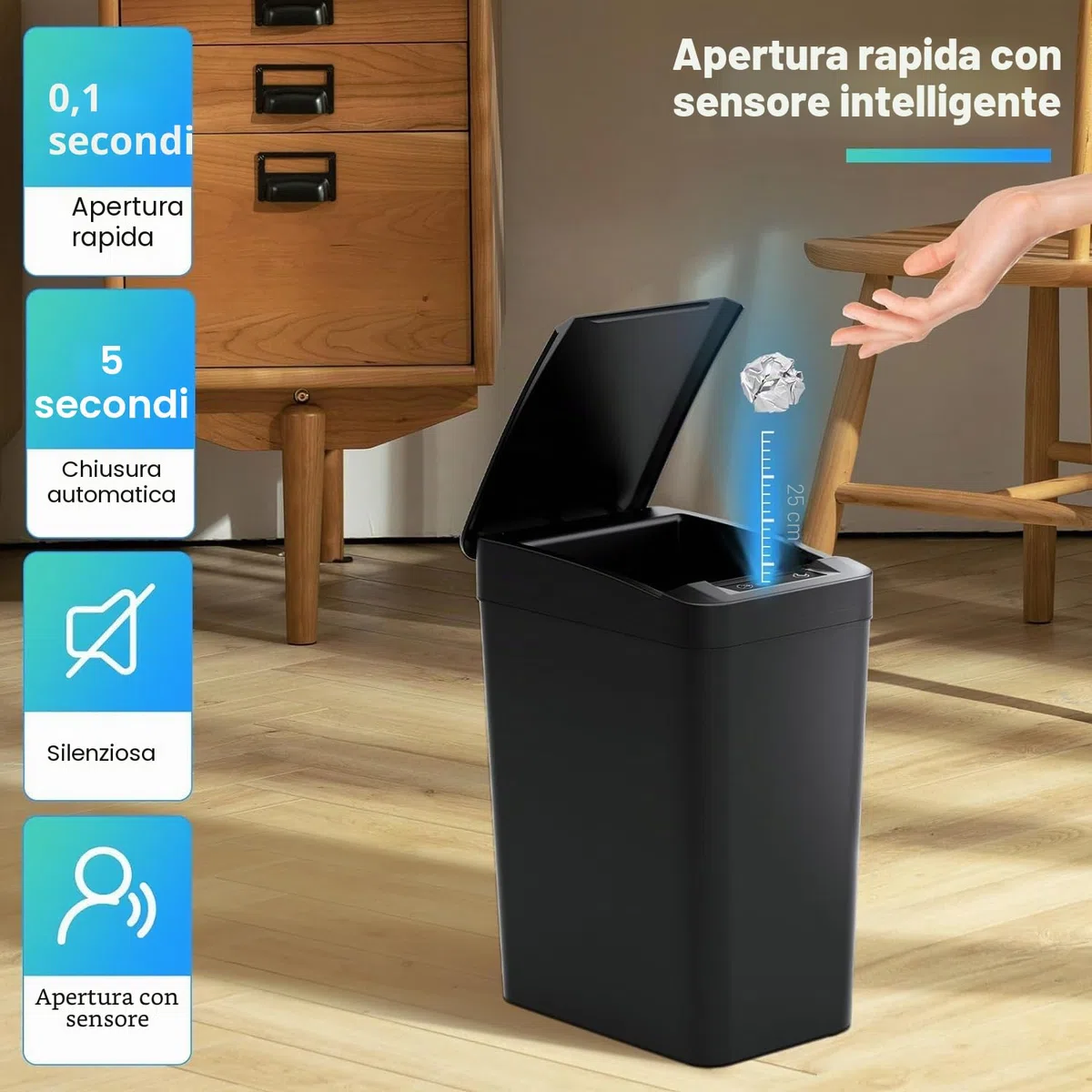Cestino con Sensore di Movimento, 12L Bidone Automatico per Bagno, Slim in Plastica con Coperchio, Cestino Intelligente Nero Impermeabile per Camera da Letto Bagno Toilette Cucina Ufficio