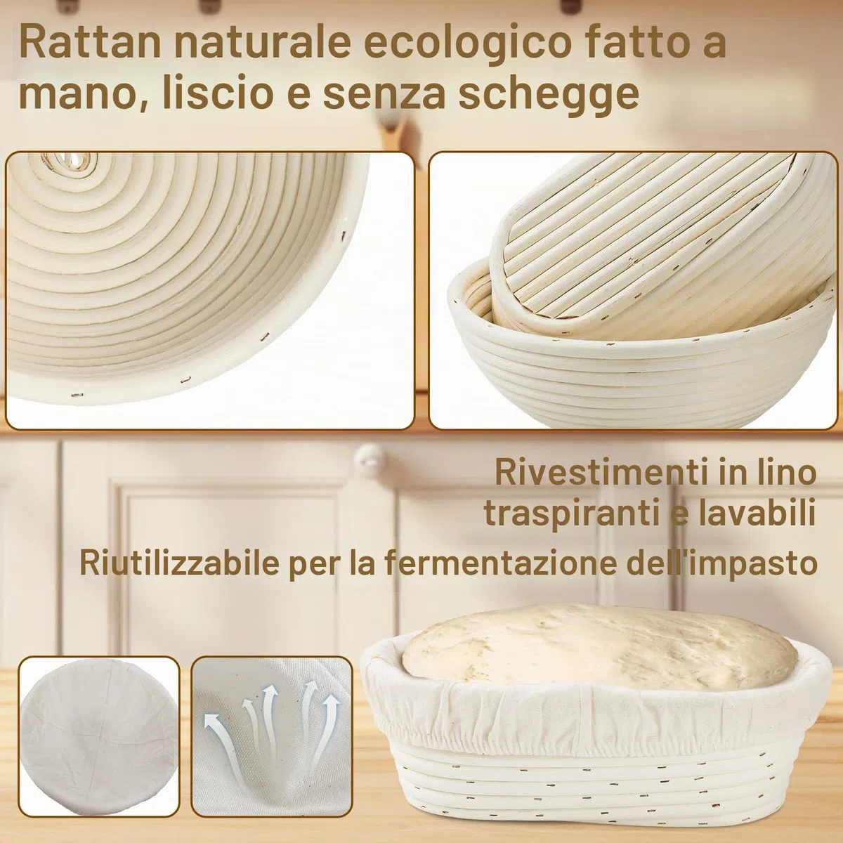 Set completo per lievito naturale 12 pezzi: cestino per pane ovale da 25 cm e cestino rotondo da 23 cm, supporto per pane in silicone, barattolo per fermentazione del lievito, set di