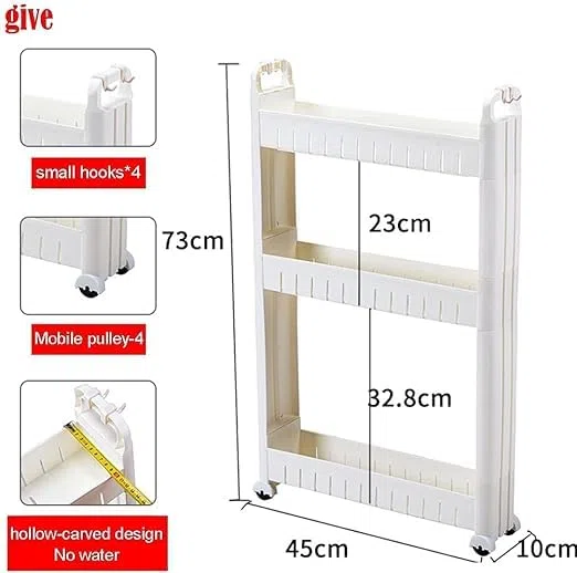 BAKUGO Carrellino Salvaspazio A Ruote Sottile A 3 Livelli, Organizzatore Di Scaffali Mobili Per Ufficio, Buanderia, Bagno, Cucina, In Plastica, Bianco, Larghezza 10cm
