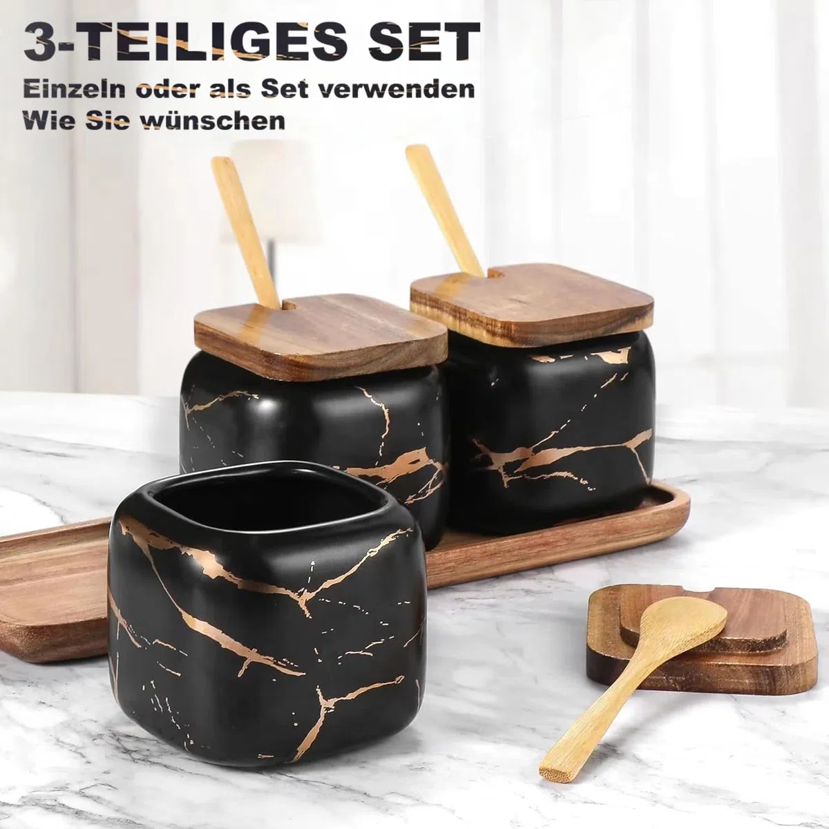 Set Zuccheriera in Ceramica, 3 pz Condimento Box con Coperchio e Cucchiaio e Vassoio, Spezia Jar Cucina Scatola Barattolo di Spezie, Utensili da Cucina Forniture per Spezie, Nero