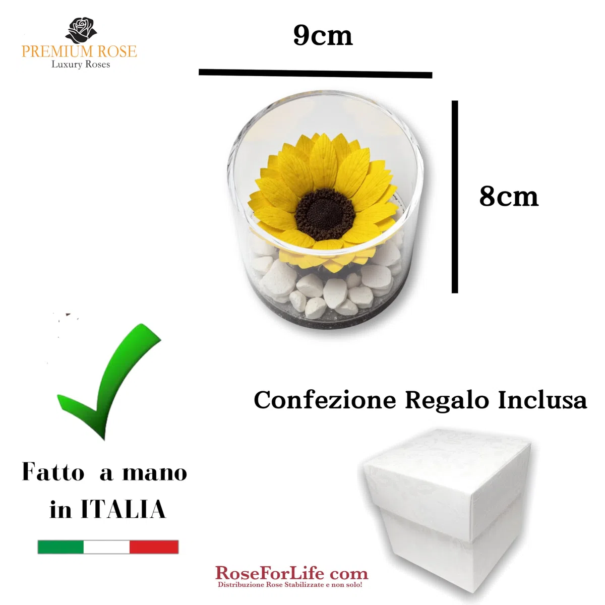 Premium-rose.com Box tondo con Girasole Stabilizzata e Marmo di Carrara, Idea Regalo Unica e Raffinata, Idea regalo per lei, Natale, Cubo Rosa fucsia, Fatta in Italia (girasole 1999)
