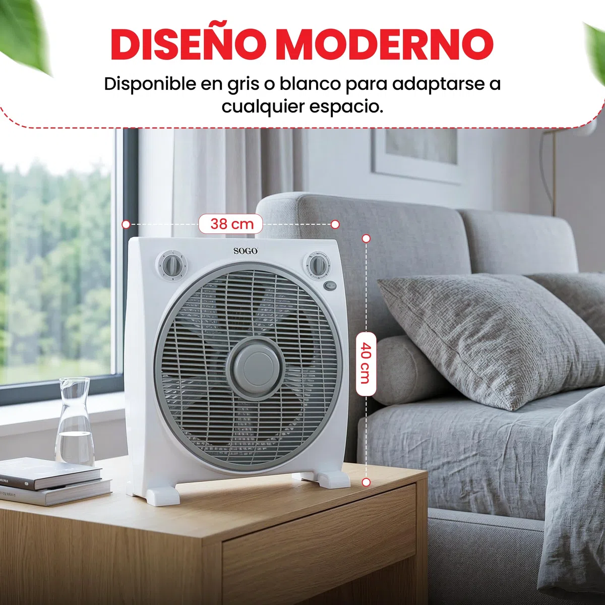 SOGO FanBox - Ventilatore da tavolo o da pavimento, con 3 velocità, basso rumore, timer fino a 1 ora, 5 pale, e griglia diffusore rotante (38 x 40 cm)