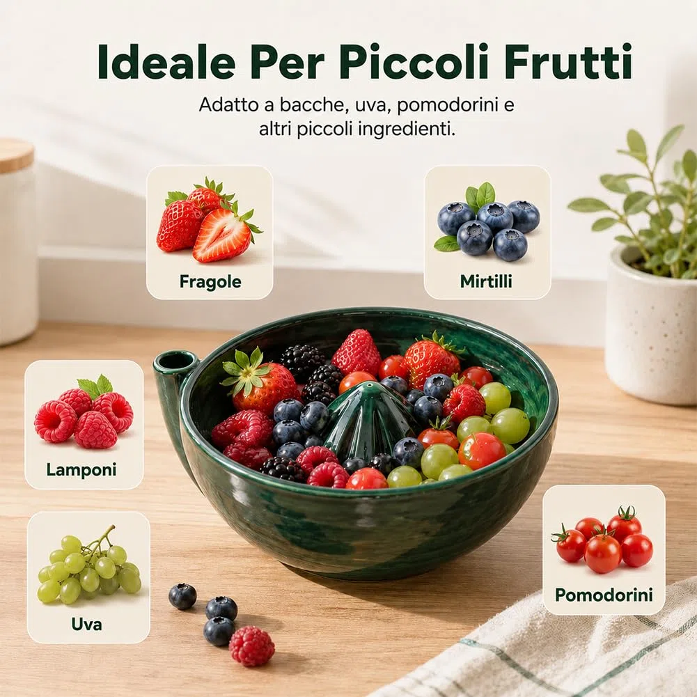Ciotola Lavaggio Bacche con Scarico, Lava Frutta Vortice in Plastica o Ceramica, per Mirtilli, Fruttini e Frutti di Bosco (Verde)