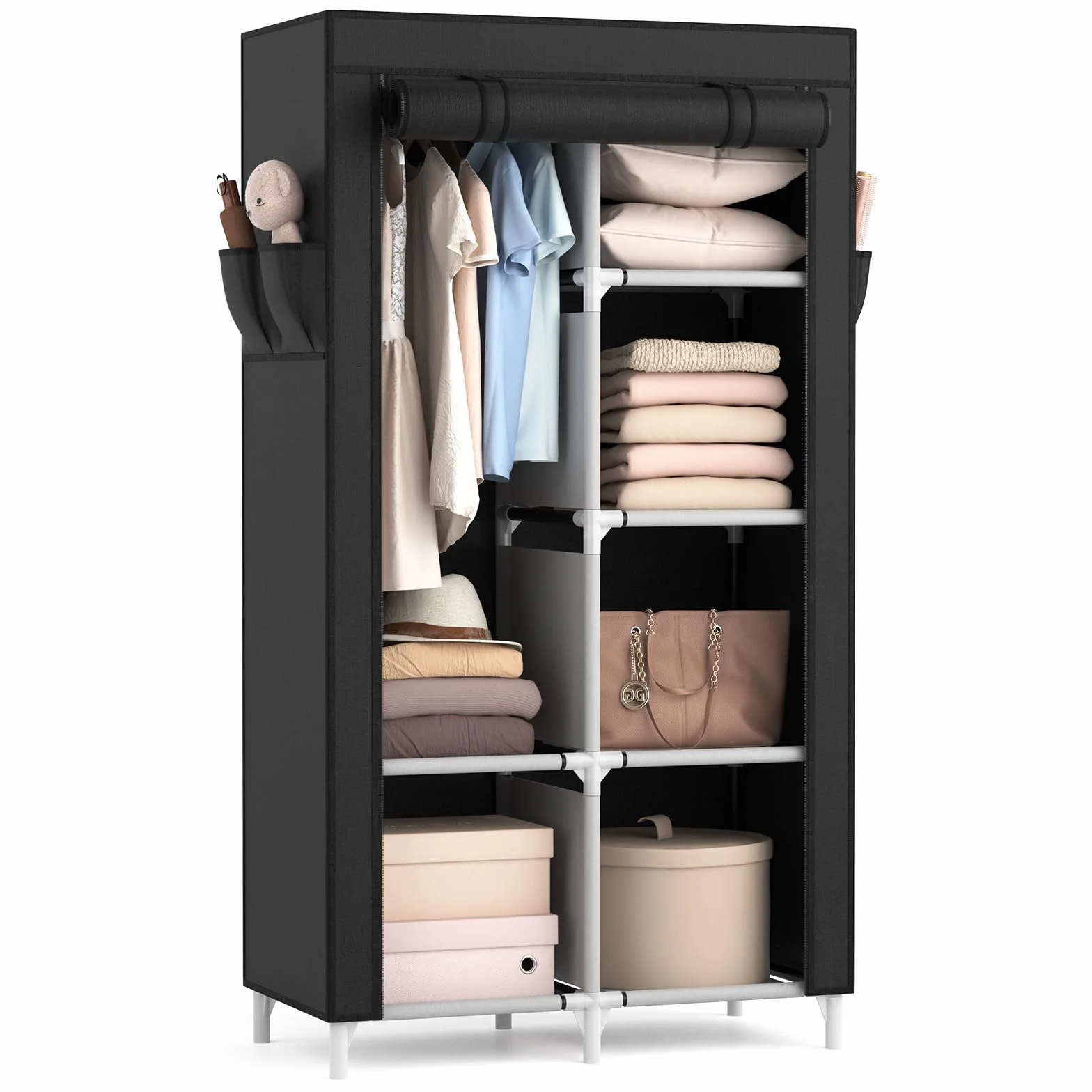 Vicye Armadio in Tessuto, Armadio da Campeggio da 1 Barra Appendiabiti, 6 Ripiani e 4 Tasche Laterali, Guardaroba Armadio Pieghevole per Camera da Letto, 84 x 42 x 162 cm Nero