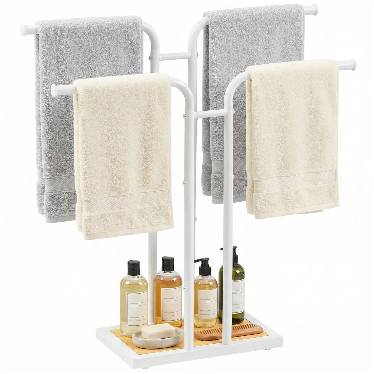 HOOBRO Portasciugamani Autoportante a T, Portasciugamani da Terra con 2 Barre di Appoggio, Porta Asciugamani per Bagno e Lavanderia, Adatto per Camera, Bianco e Naturale EWN14LB01