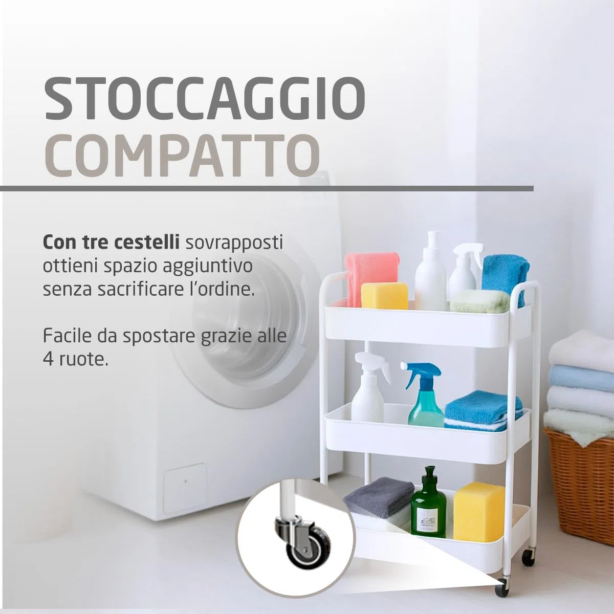 Amig - Carrello da cucina a 3 livelli con ruote Mod. LINN - Scaffale ausiliario in acciaio - Bianco - Carrello multiuso per cucina, bagno o ufficio - 40,5 x 28 x 76 cm