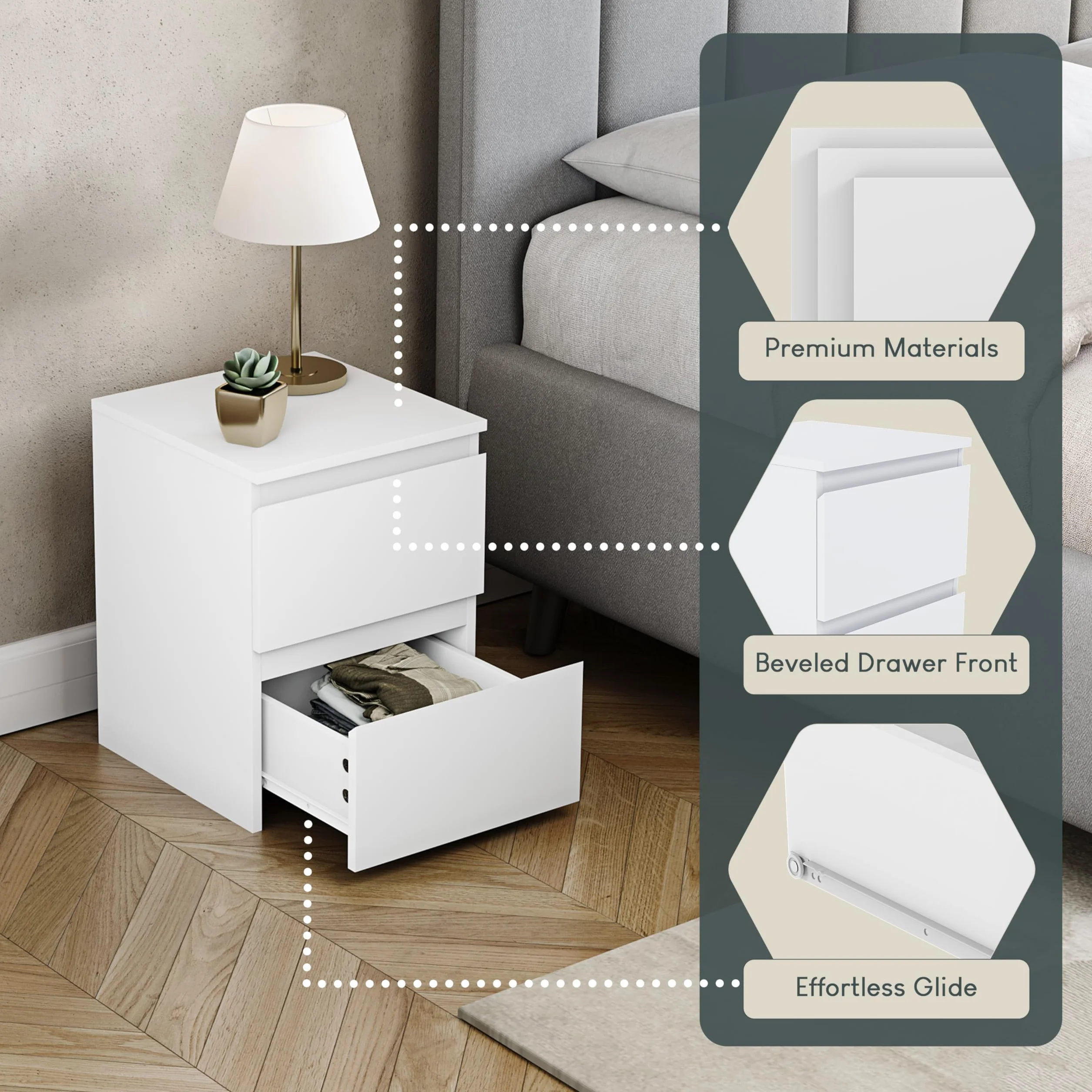Vida Designs Denver - Comodino con 2 cassetti, colore: Bianco