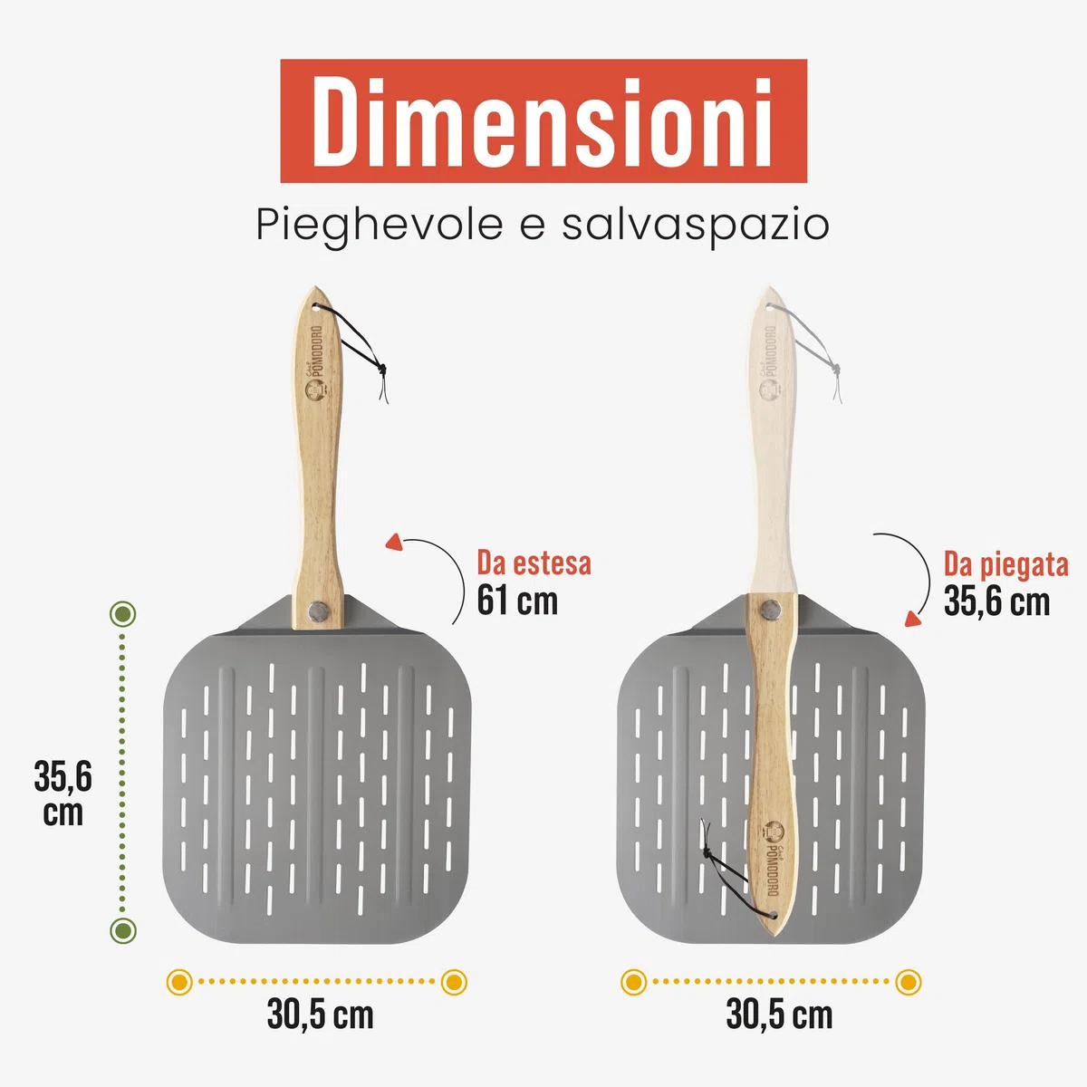 Chef Pomodoro Pala per Pizza Forata in Alluminio con Manico Pieghevole (30,5 x 35,6 cm), Pala per Pizza Corta, Compatta, Maneggevole e Facile da Riporre, Ideale per Pane Fatto in Casa