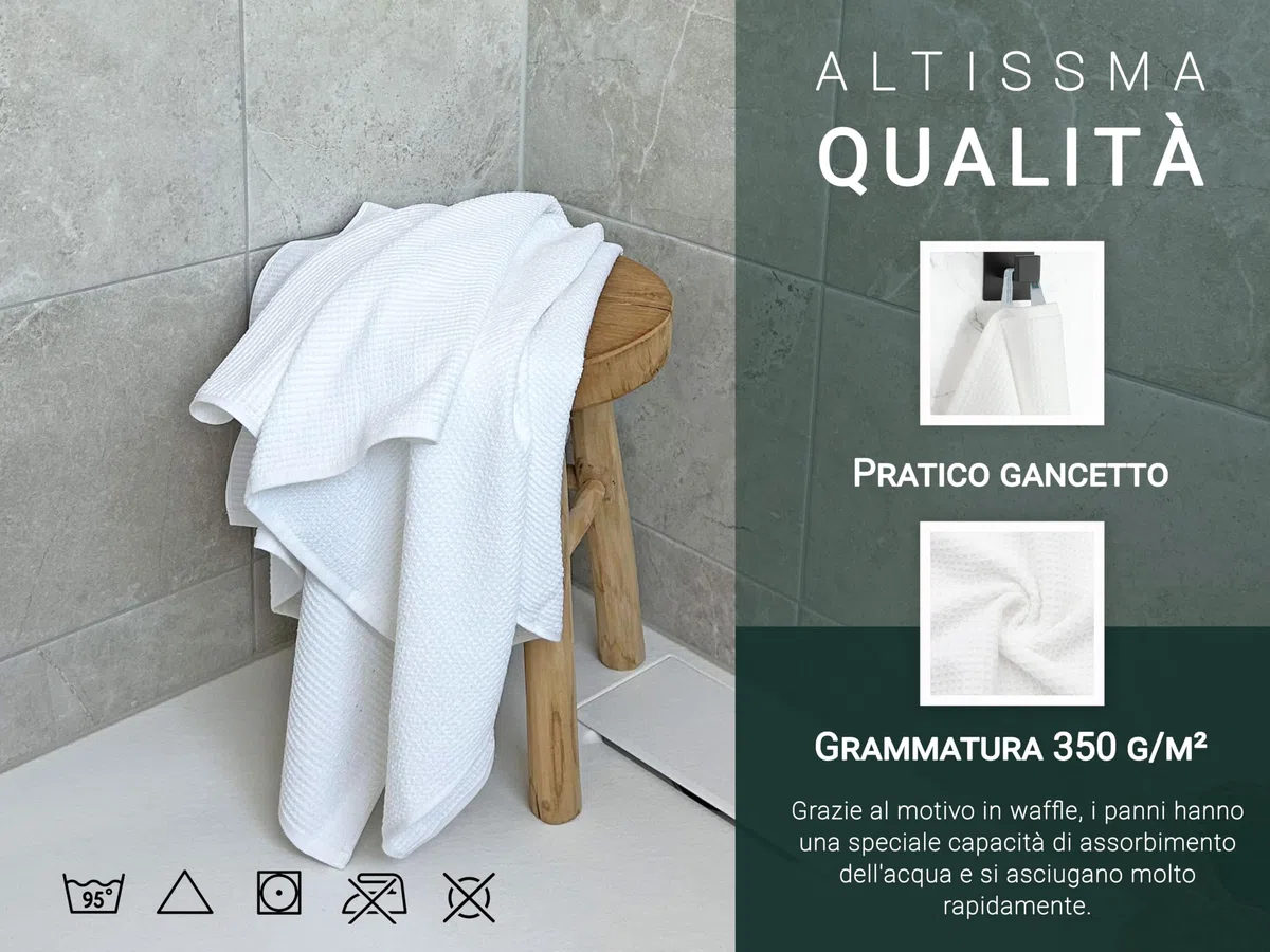 ZOLLNER 3 Teli doccia 70x140 cm - Cotone - Qualità alberghiera - Teli doccia lunga durata - design in piquè - lavabile a 95°C - con pratico gancetto - bianco