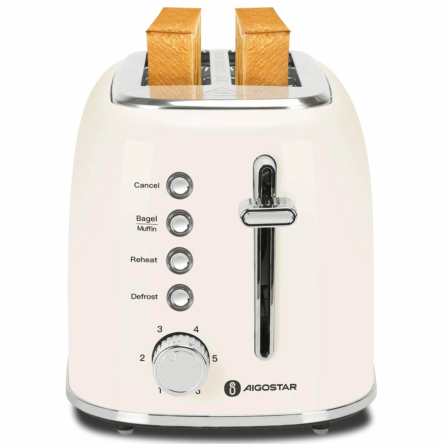 Aigostar Tostapane vintage, 2 fette con fessure extra larghe, 4 funzioni con funzione bagel, tostapane, 6 livelli di tostatura, 800W, acciaio inossidabile, vassoio raccogli briciole rimovibile, Cream