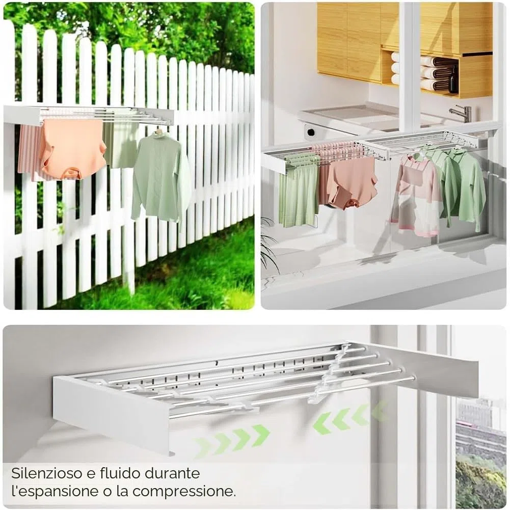 Stendibiancheria Allungabile, 80 cm Salvaspazio Pieghevole Stendibiancheria da Parete per Appendere Vestiti per la Casa, per Interni, Bagno, Balcone