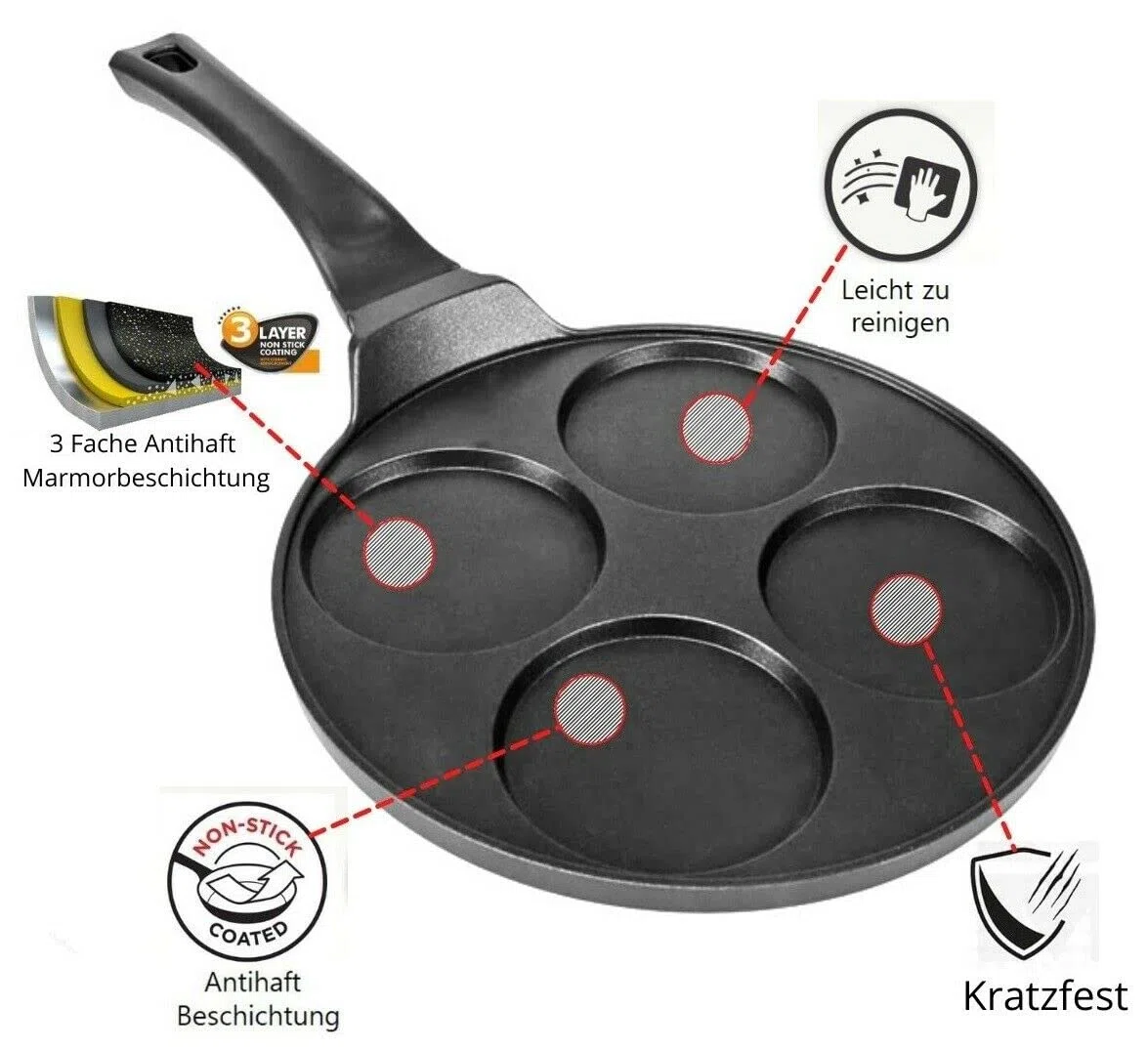 Cheffinger Pentole Cucina Padella Ø26cm Induzione Alluminio Colata Uovo Al Tegamino Uovo Pan 4 - Lochpfanne Pancakes Padella Frittella 3-fache Rivestimento Uova Fritte Oladji