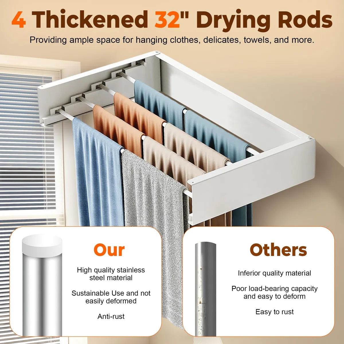 32” Wall Mounted Space Saving Laundry Drying Rack Balcony for Kitchen, Bathroom Use - Foldable Clothes Dryer Rack with 4 Steel Poles - Collapsible Laundry Organizer Indoor Outdoor Drying Line