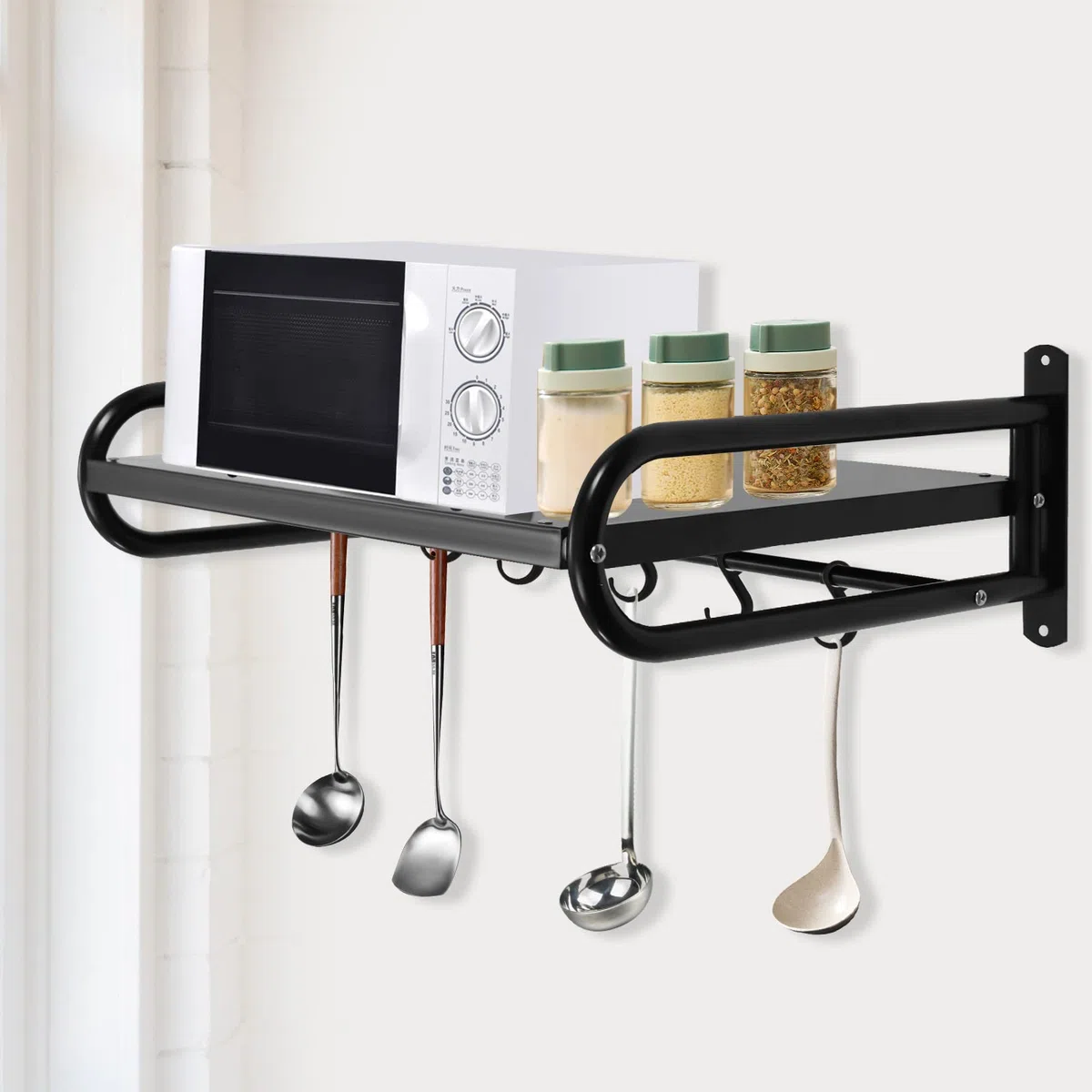 Supporto per forno a microonde con 6 ganci per ripiano a parete, capacità di carico massima 30 per tutti i tipi di oggetti, adatto per la cucina e il bagno (nero)