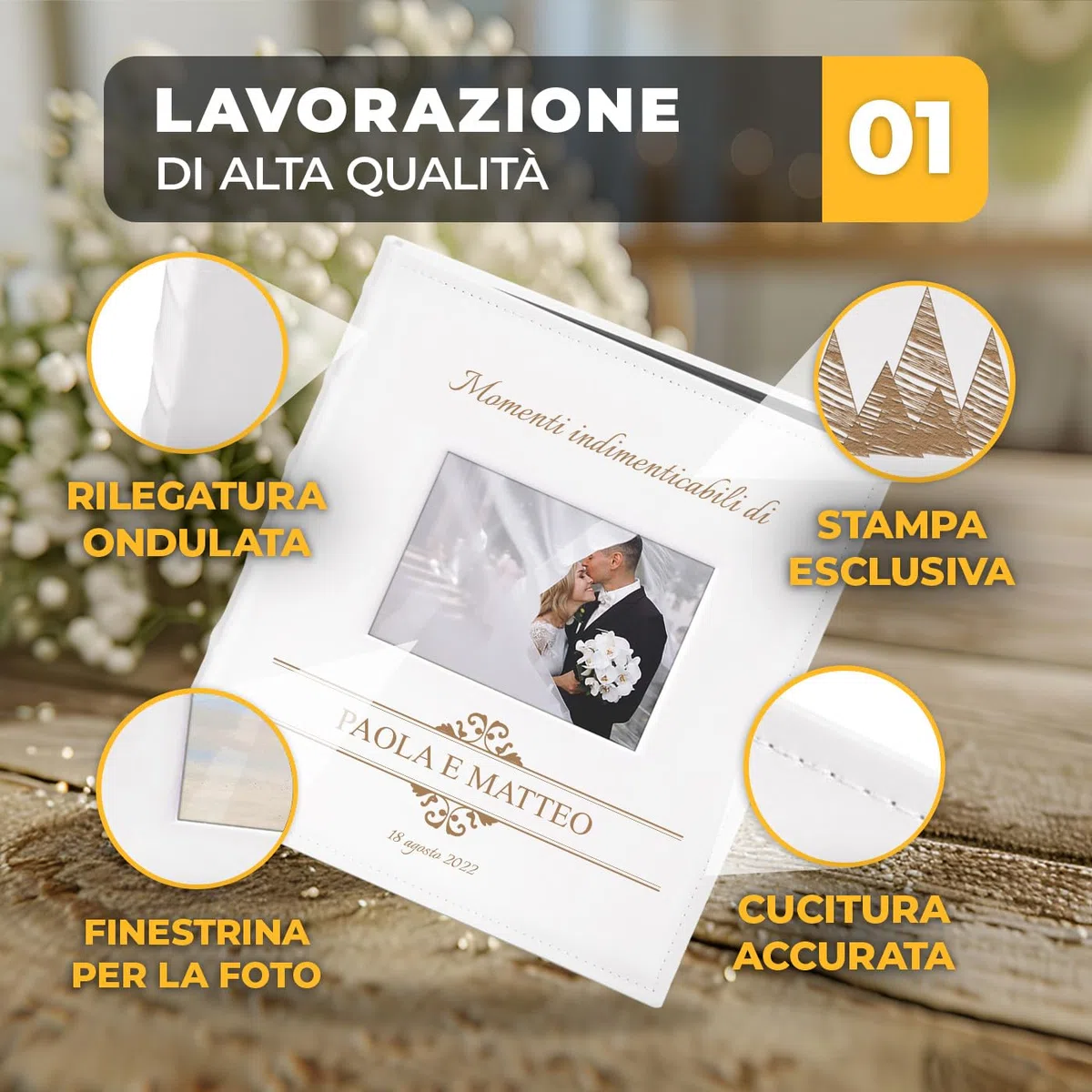 Maverton Album Foto Personalizzato con Stampa - Copertina in Pelle Sintetica con Finestra - 60 pagine nere - 240 foto 10x15 cm - idee regalo per anniversario, matrimonio - Nozze