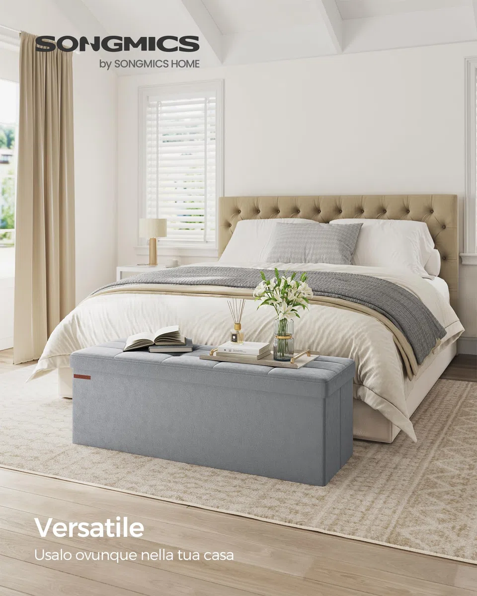 SONGMICS Cassapanca, Pouf Contenitore, Poggiapiedi Pieghevole da 38 x 110 x 38 cm, Ottomano, Regge fino a 300 kg, per Soggiorno, Camera da Letto, Entrata, Grigio Tortora LSF277G02