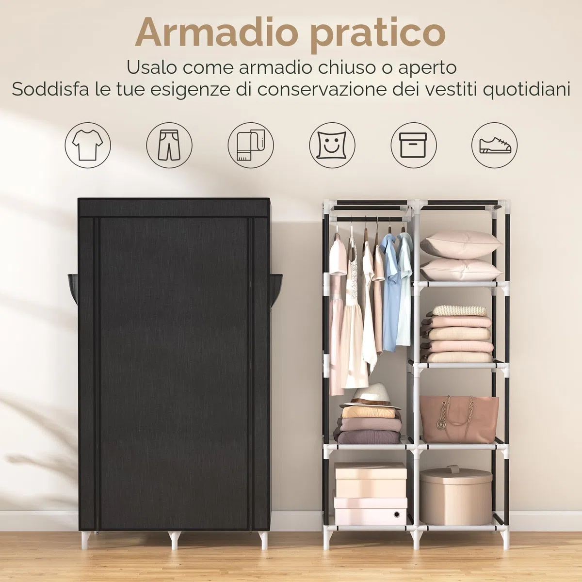 Vicye Armadio in Tessuto, Armadio da Campeggio da 1 Barra Appendiabiti, 6 Ripiani e 4 Tasche Laterali, Guardaroba Armadio Pieghevole per Camera da Letto, 84 x 42 x 162 cm Nero