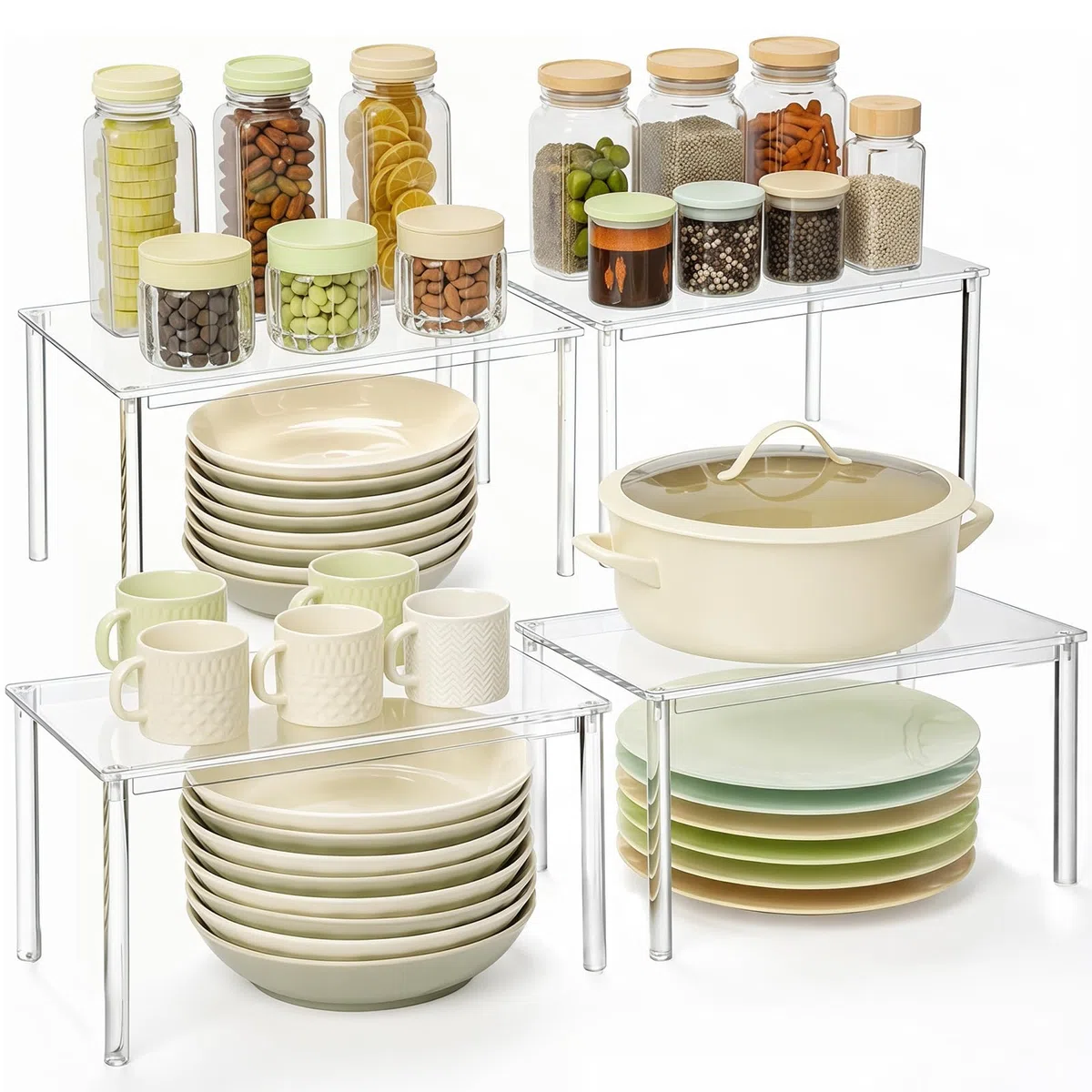 Set di 4 Organizer Cucina Alzatina Cucina in Acrilico, Impilabile Mensole Cucina Adatto per Spezie, Tazze, Articoli Cosmetici e Per Riporre in Cucina