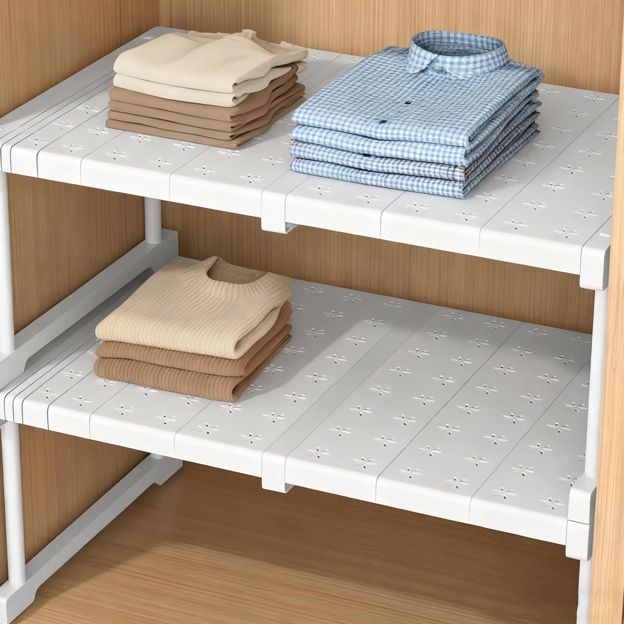 Organizzatore per armadio impilabile, sistema di scaffali regolabili senza foratura, struttura in metallo bianco, per armadio, cucina, risparmio di spazio per bagno (lunghezza 37-48 cm)