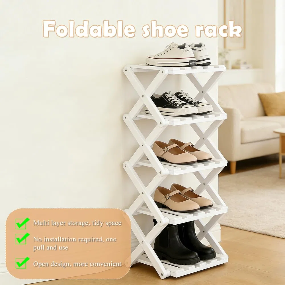Scarpiera pieghevole in bambù, scarpiera verticale salvaspazio piccola, multifunzione, sottile, per ingresso, camera da letto, soggiorno, angolo (bianco, 5 livelli)