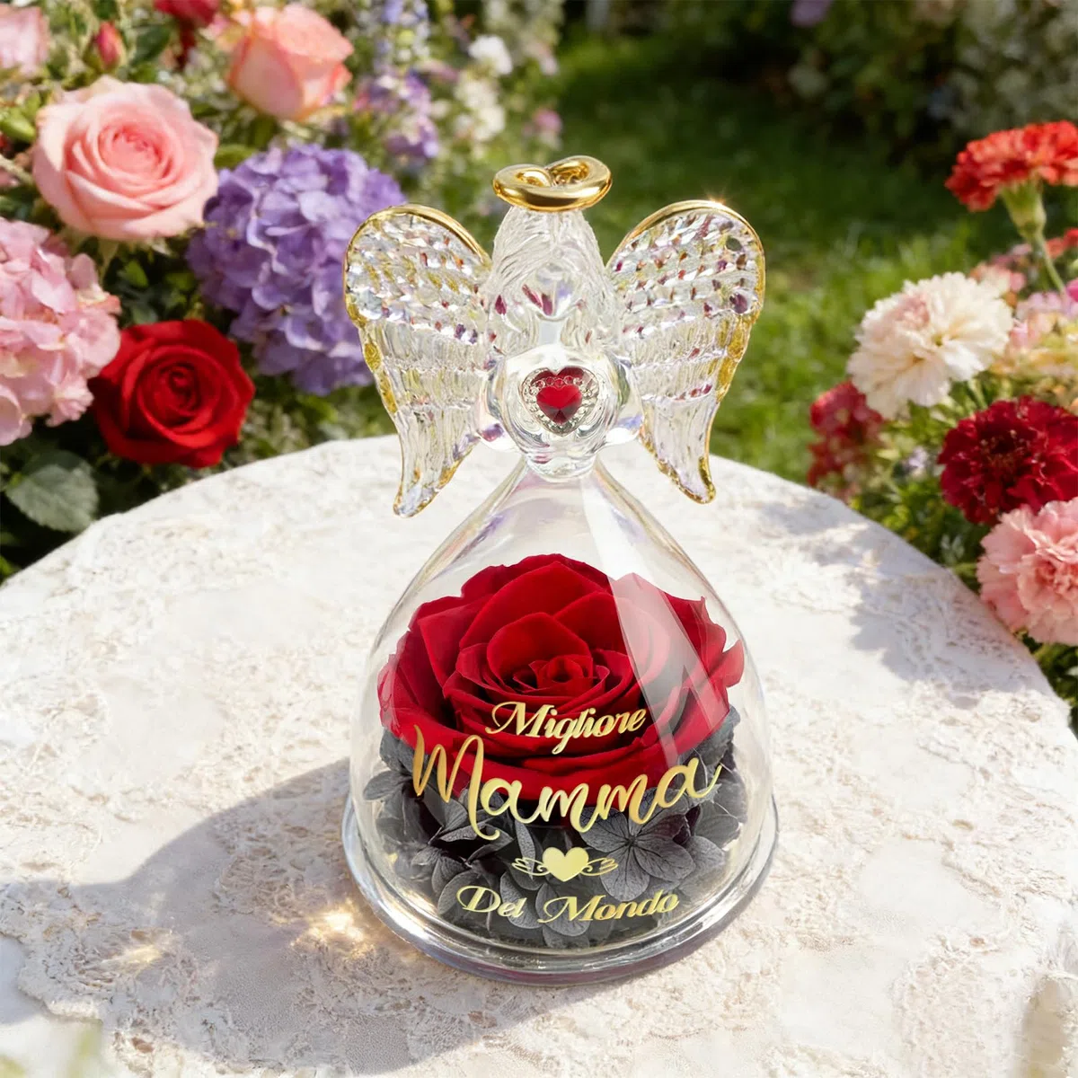 Sunia Festa della Mamma Idee Regalo, Rosa Eterna Angel stampata con Migliore Mamma del Mondo, Miglior Regalo per Mamma, Rose Stabilizzata Vera con Angelo di Vetro, Regali Festa della Mamma Originali