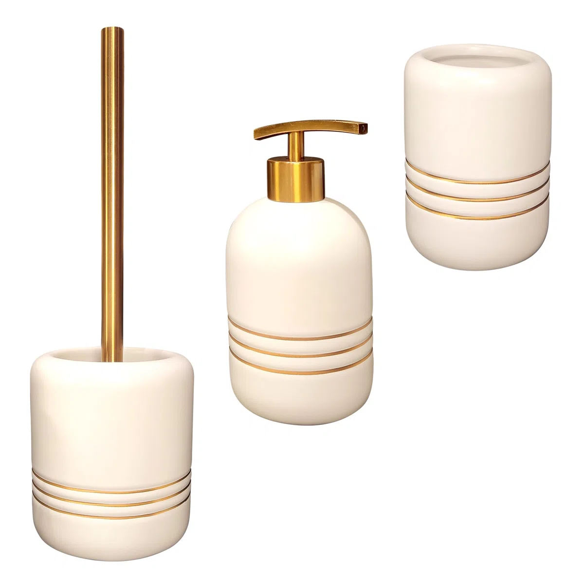 Set Bagno Accessori Completo di Lusso, 3 Pezzi in Ceramica Kit Accessori Bagno Moderni con Scopino Bagno Wc, Porta Sapone Liquido e Spazzolini