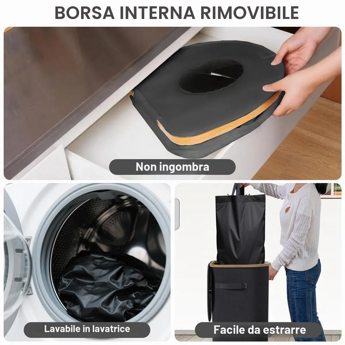 120L Cestino per rifiuti con coperchio e sacchetto interno,Cestino per riciclaggio grande con coperchio, Cestino per rifiuti da cucina grande, Cestino pieghevole per biancheria Sporca