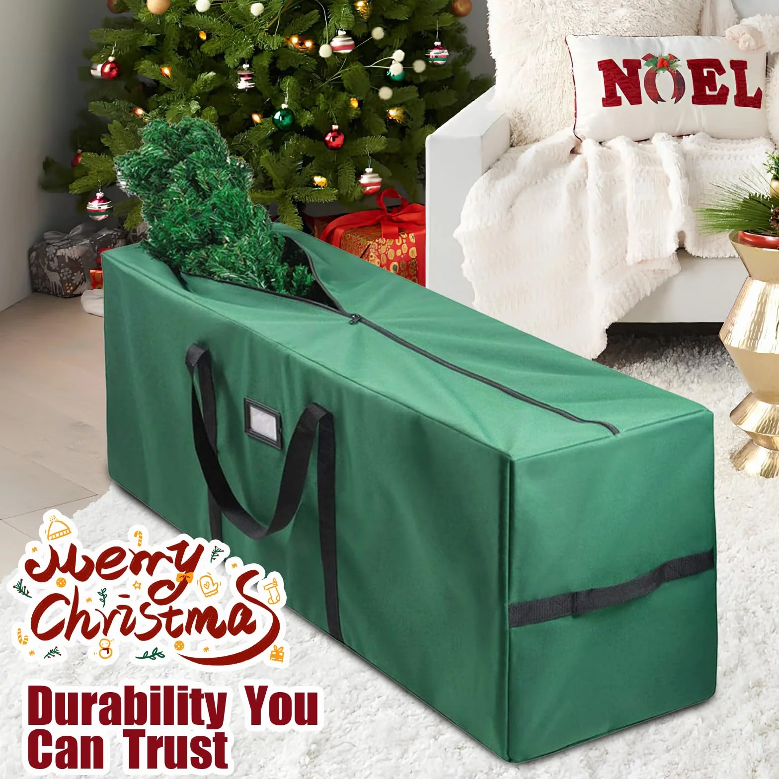 Borsa per Albero Natale, Impermeabile Oxford 600D Borsa per Conservazione di Alberi Natale Artificiali,135x40x50cm, Sacco Porta Albero Natale con Slot Schede, Portaoggetti Custodia Albero (Verde, B)