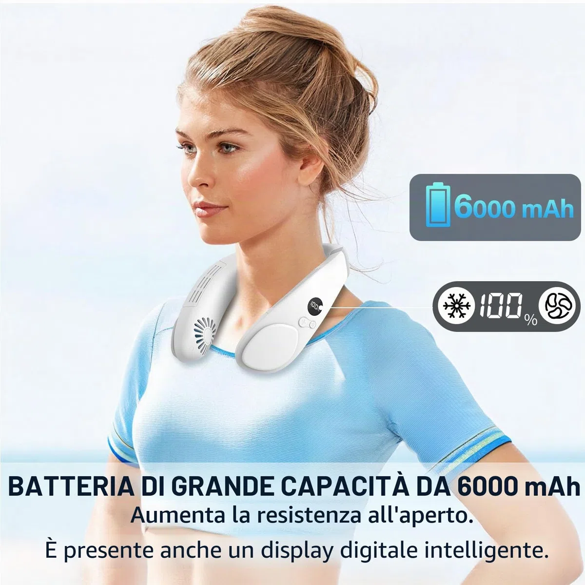 Ventilatore da collo 6000 mAh piastra raffreddamento, impacco freddo, senza lame, portatile, silenzioso, ricaricabile, essenziale vacanze, per donne uomini