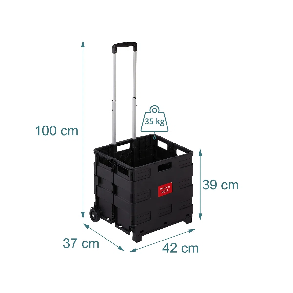 Relaxdays Carrello Portaspesa, Plastica, HxLxB: 39 x 42 x 37 cm, Portata 35 kg, Porta Spesa, Carrellino, Nero