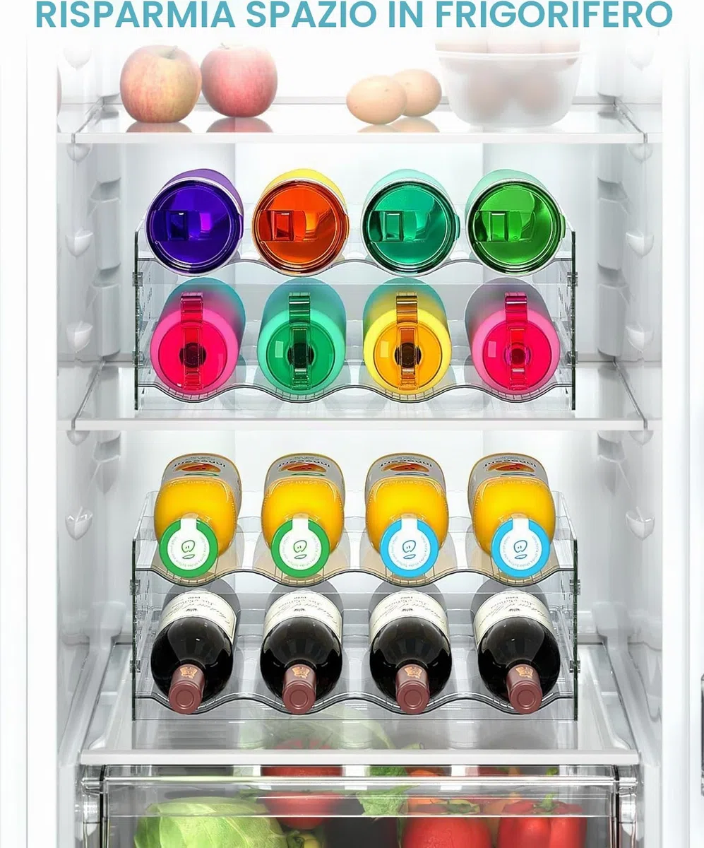 Portaborraccia impilabile per cucina, porta bottiglie di vino,dispensa, organizer per bottiglie d'acqua in plastica, per frigorifero, armadio da cucina, vino, 4 pezzi
