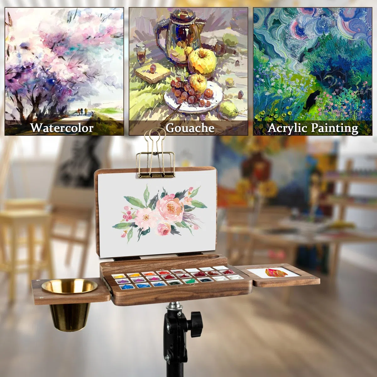 Tavolozza per Pittura ad Acquerello in Legno con Coperchio Tavolozza per Pittura Acrilica con 24 Griglie Noce Scuro Tavolozza per Viaggi all'Aperto