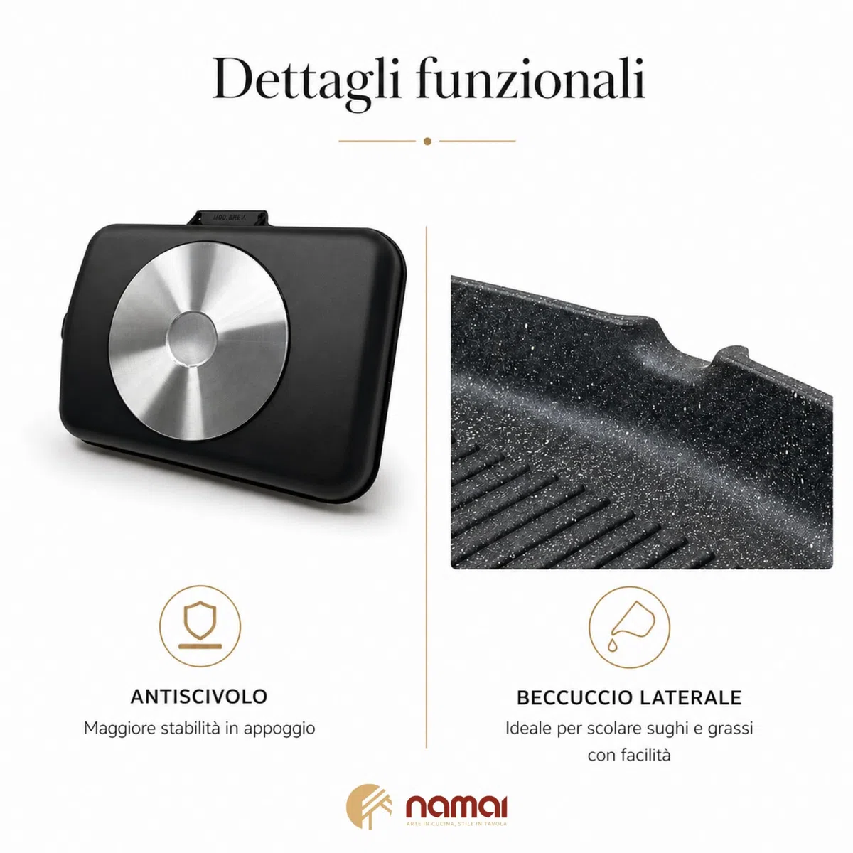 NAMAI - Bistecchiera Antiaderente Pietra, 35CM x 25CM, Alluminio Pressofuso, Adatta In Lavastoviglie, Manico Pieghevole Salvaspazio, Made In Italy