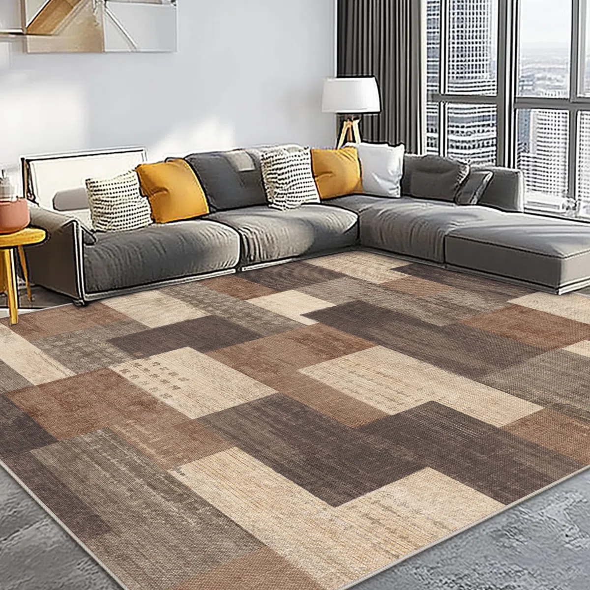 Tappeto moderno geometrico patchwork per interni e soggiorno, antracite, 80 x 150 cm, grandi tappeti, collezione Rockwood, decorazione per camera da letto, grigio, morbido, pelo corto