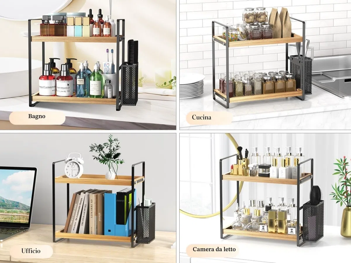 LEMIKKLE Organizer per il piano di lavoro del bagno, vassoio per profumo e organizer per cosmetici, organizer per la cura della pelle con cestino, organizer per bagno, cucina, comò, WOOD RACK-01