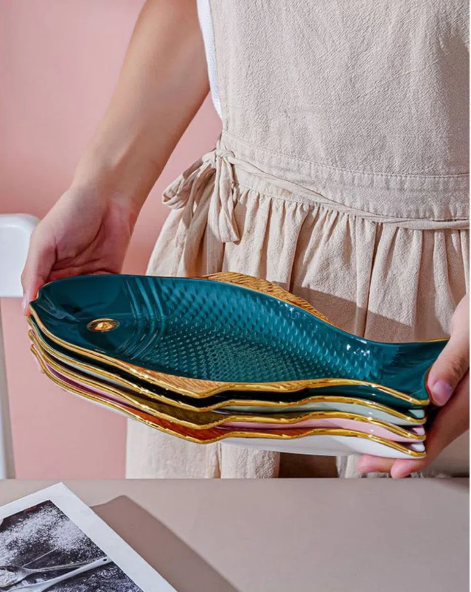 Piatti da insalata a forma di pesce, in ceramica, 30 cm, piatti piani per pasta e dessert, piatti da portata per antipasti, sushi, frutta (verde)