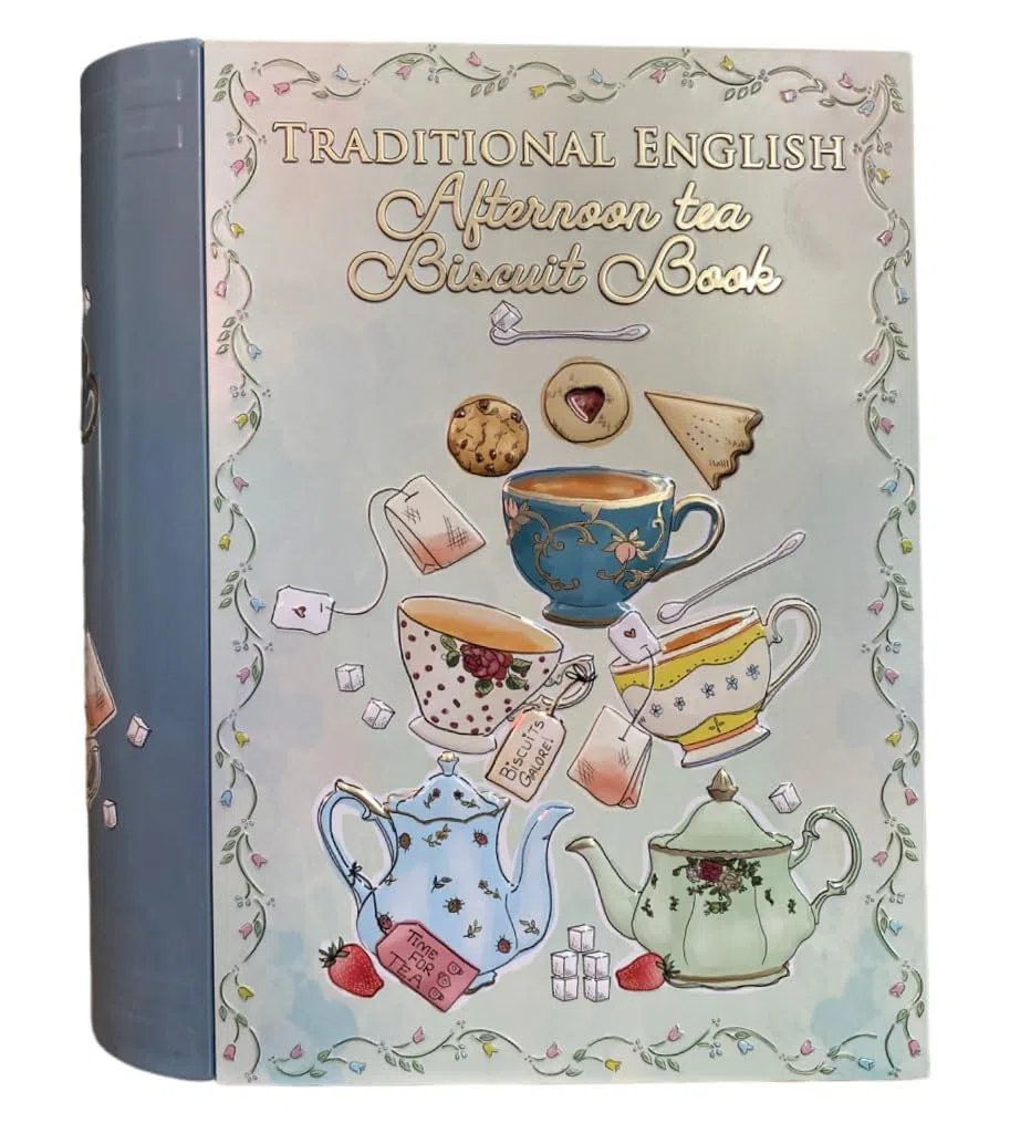 Scatola metallica a forma di libro Afternoon Tea Book - Grande barattolo per biscotti - Scatola decorativa retrò - Molto grande - 24,5 x 21 x 9 cm - Volume: 3 l