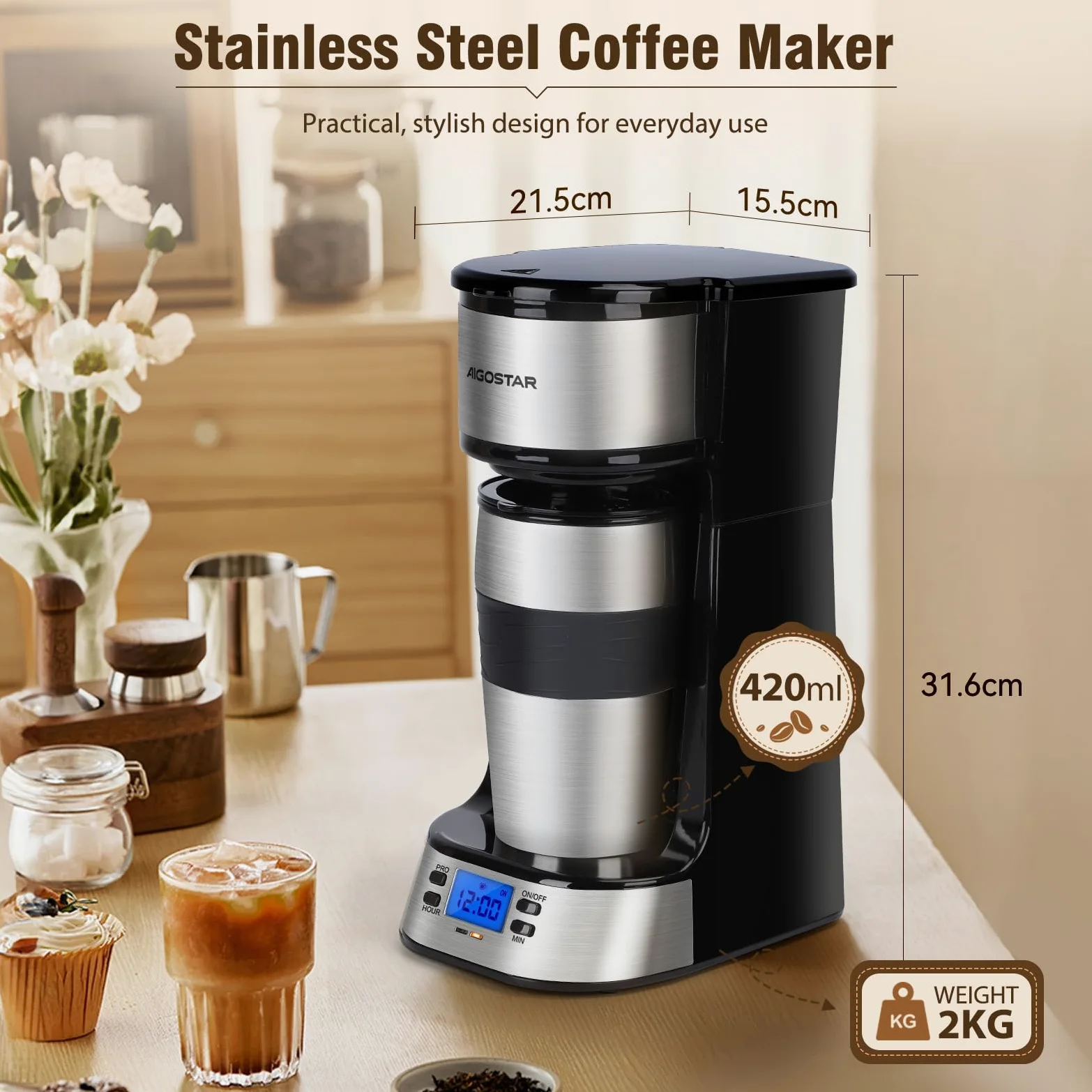 Aigostar - Macchina Caffè Americano a goccia con tazza isolata, Programmabile 24H, Schermo LCD, 420 ml, Funzione AutoPulizia, Caffettiera con filtro per 1 tazza riutilizzabile, 700W, 1 Tazza, Nero