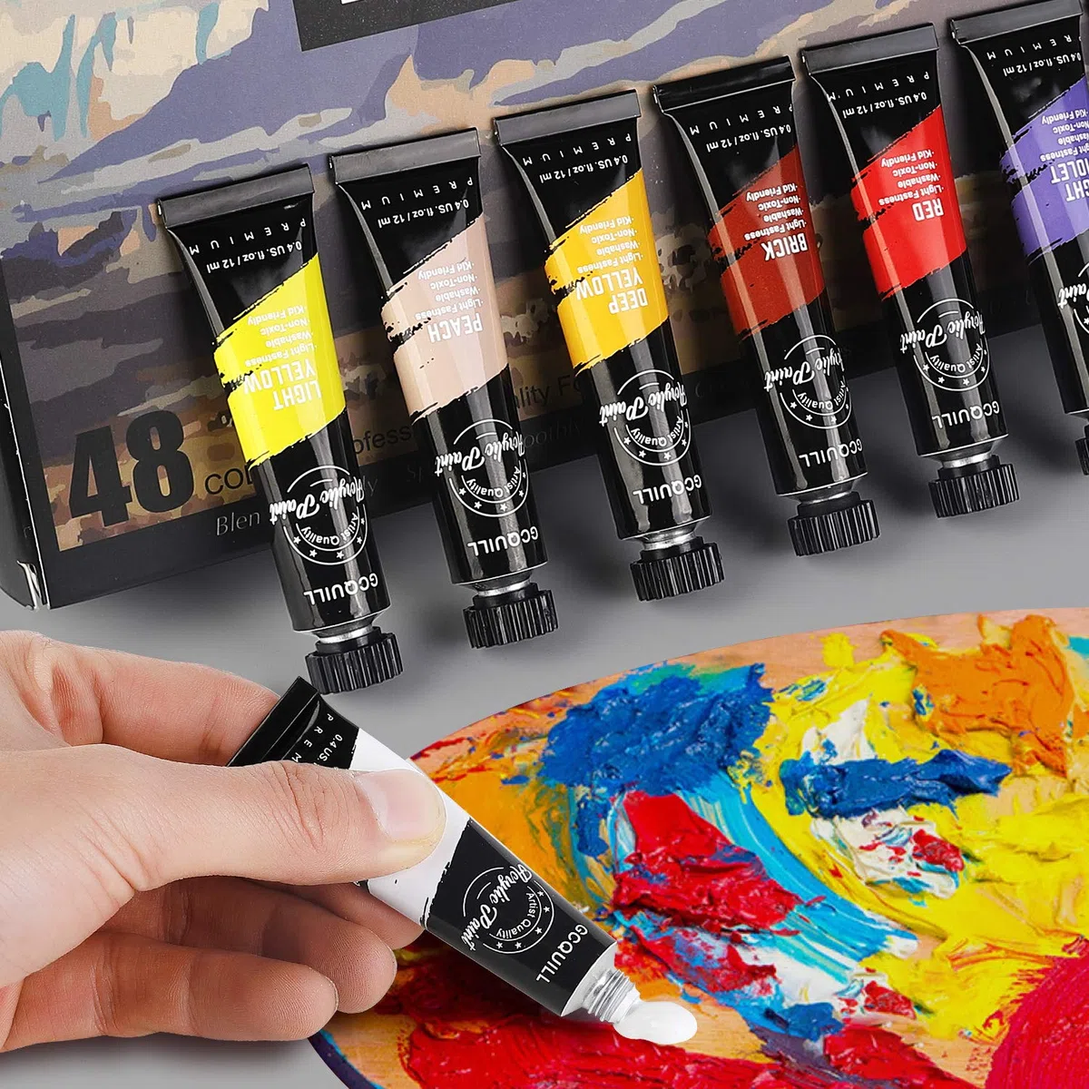 48 colori per pittura acrilica Set 6 pennelli, palette di coltelli, tela, cavalletto, per pittura artistica su legno, ceramica, tessuto, artigianato GC-APK48