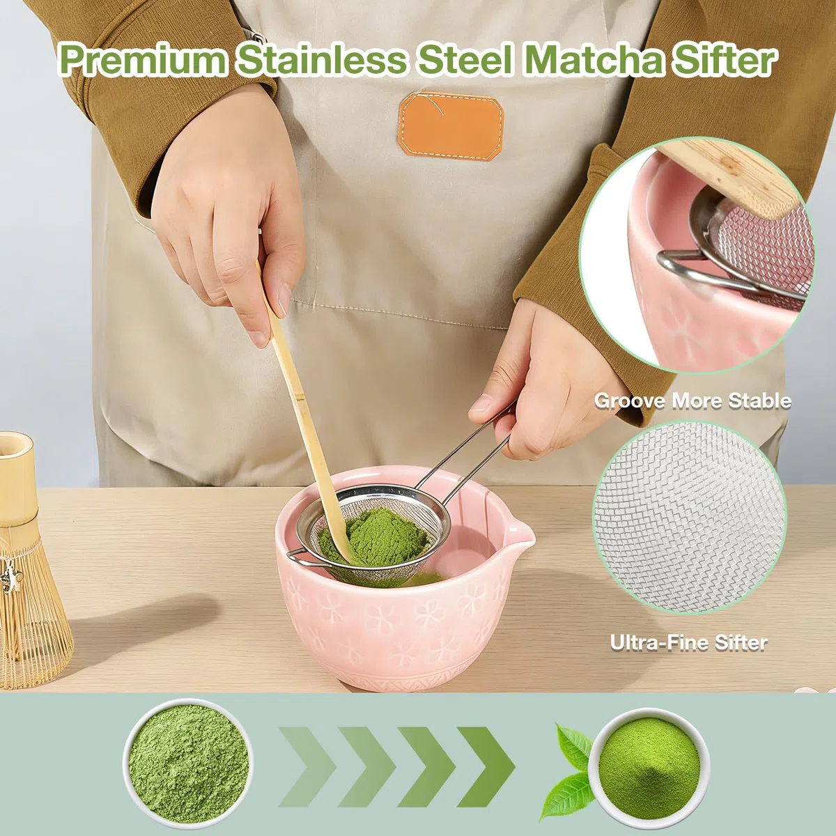 VINATO Matcha Set 7 Pezzi Kit Accessori Cerimonia del Tè, Matcha Polvere Kit con Ciotola Chawan in Ceramica con Beccuccio, Frusta in Bambù, Canovaccio per Gli Amanti Della Cerimonia del Tè, Rosa