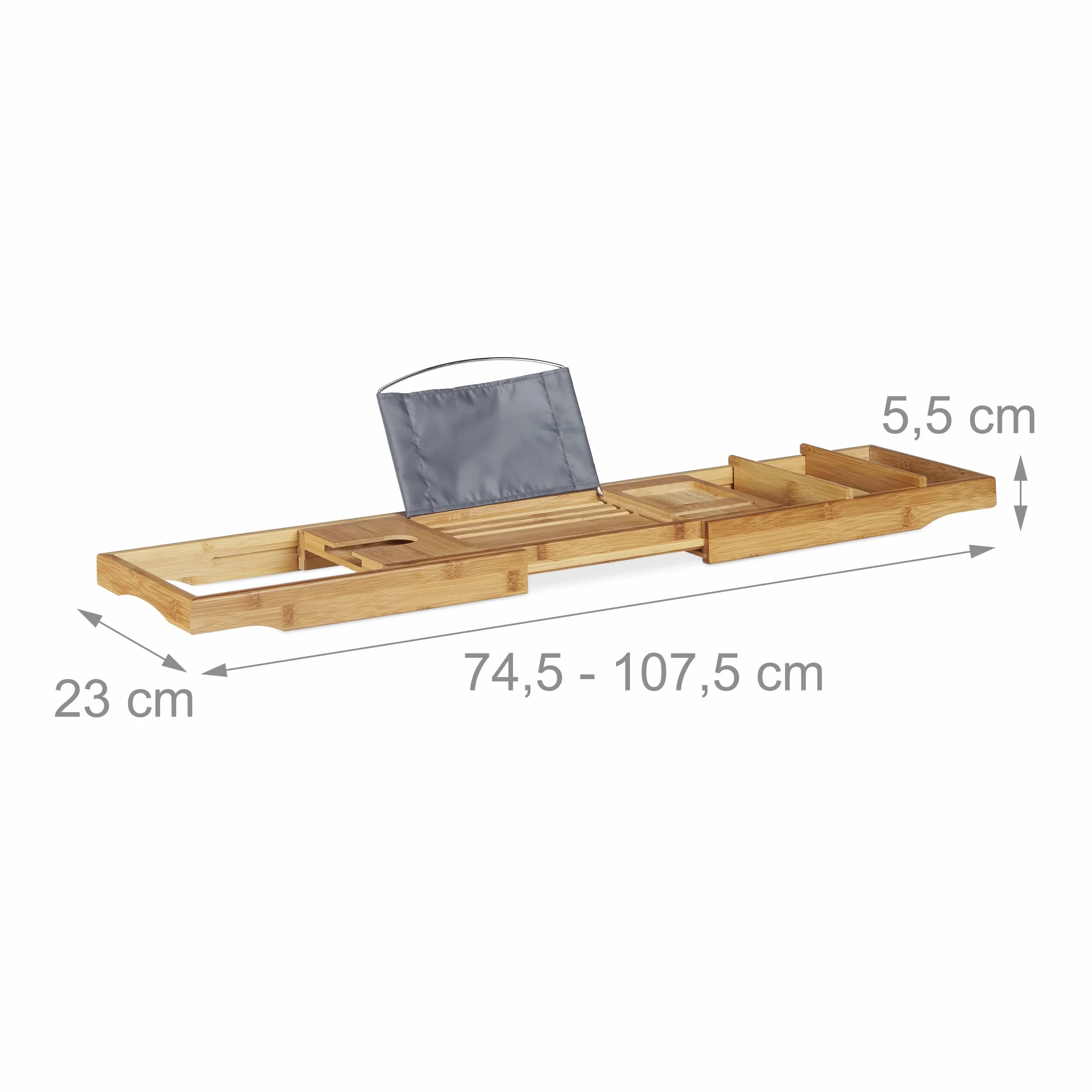 Relaxdays 10022179 Vassoio per Vasca da Bagno con Leggio e Porta-Bicchiere, Allungabile, HxLxP: 19x107,5x23 cm, Marrone Chiaro