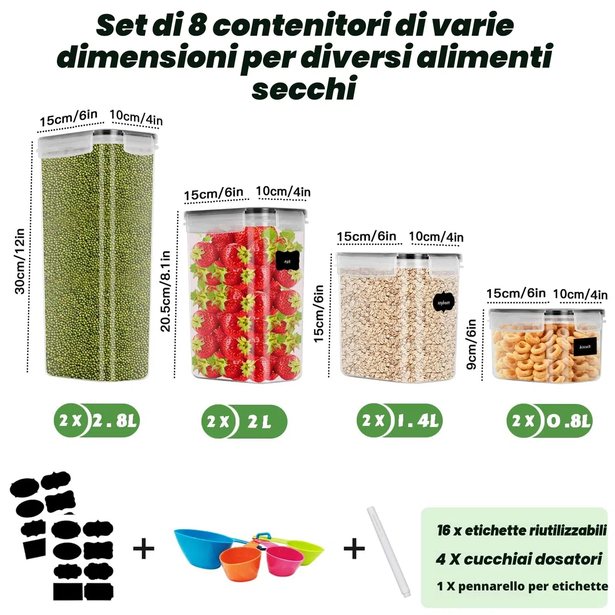 Set 8 Pezzi Contenitori Alimentari Per Cereali, Barattoli ermetici per alimenti, Senza BPA,Utilizzato per la Conservazione di Pasta, Cereali, Muesli, Farina, Spaghetti (2.8L+2L+1.4L+0.8L)