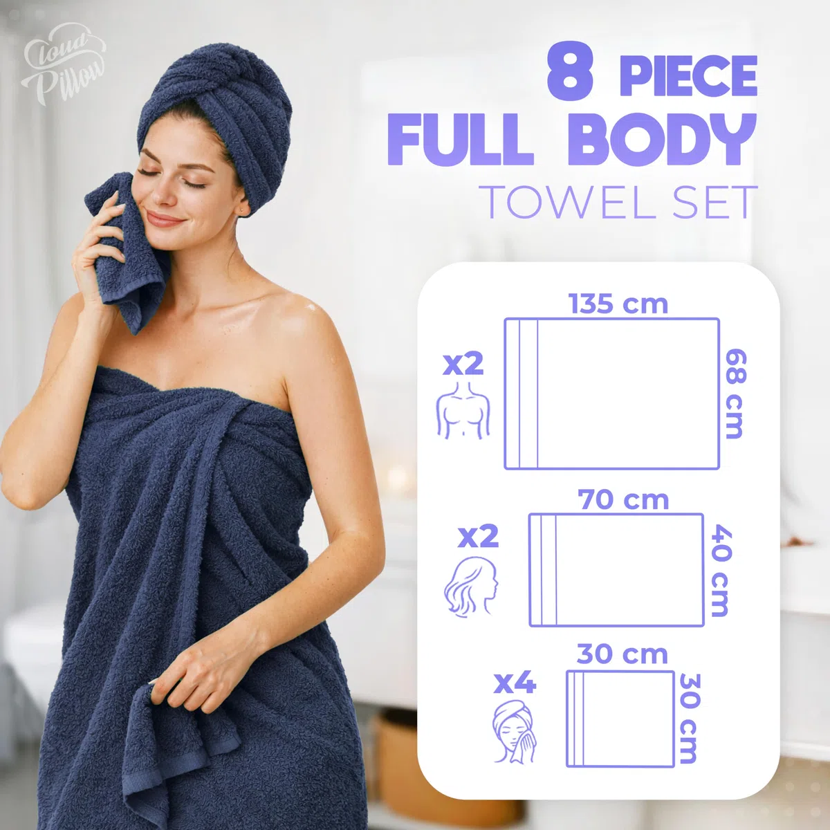 Cloud Pillow Set Asciugamani Bagno 8 Pezzi in Cotone 100% – 2 Teli Doccia 68x135 cm, 2 Asciugamani Viso 40x70 cm, 4 Lavette/Ospite 30x30 cm – Morbidi, Ultra Assorbenti e Resistenti ai Lavaggi