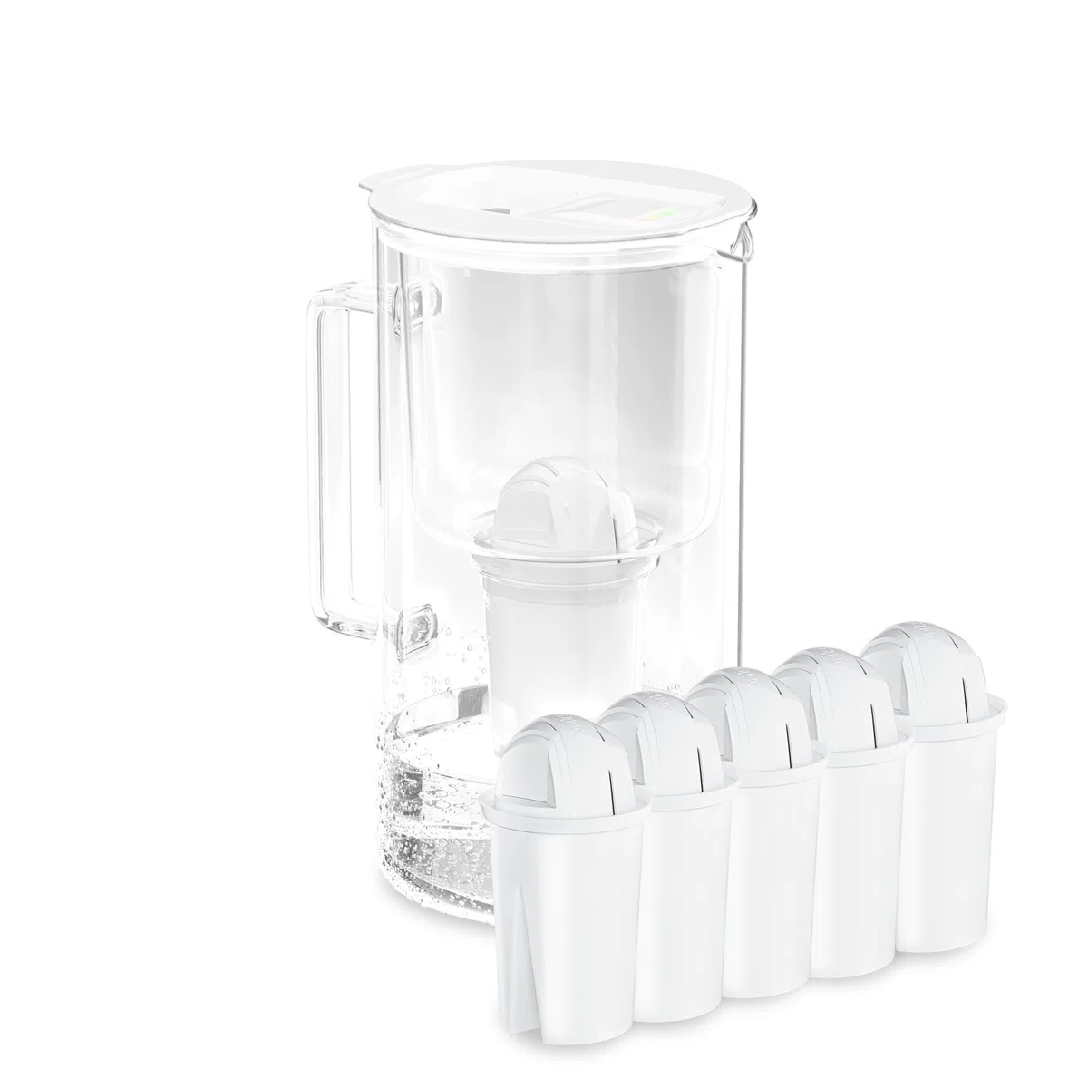 Wessper caraffa filtrante per l'acqua con contatore LED, 2 litri, caraffa filtrante vetro, brocca acqua compatta con 5 classic filtro a carbone attivo, senza BPA - Bianco