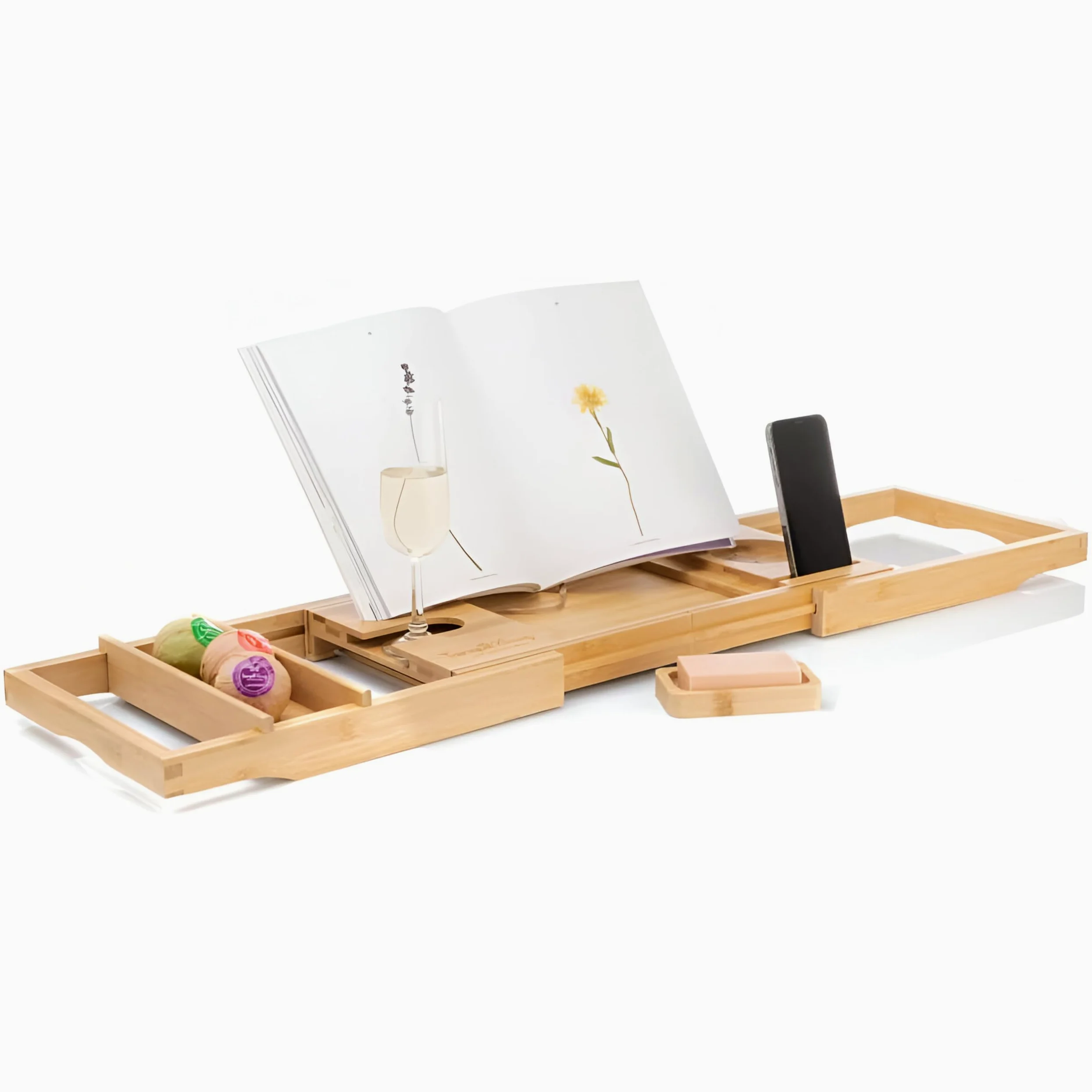 TranquilBeauty Tavola da bagno in bambù naturale sostenibile, con meccanismo a fessura sicuro per iPad, tablet e telefono | lusso allungabile sopra il vassoio da bagno con supporto per vino