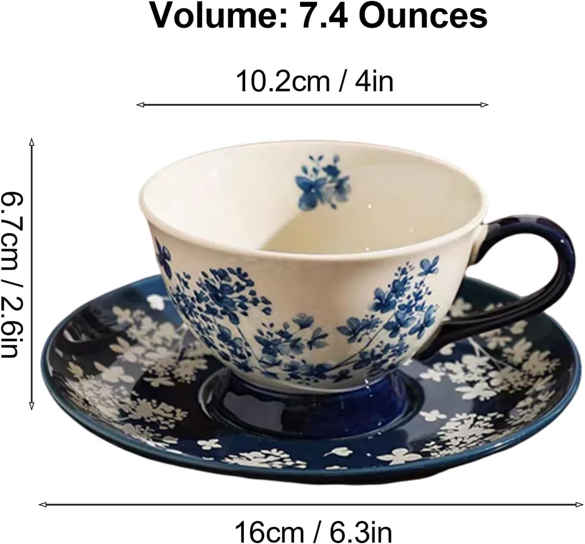 fanquare Elegante Set Tazzina da Caffè e Piattino in Porcellana 220ml,Tazza da Tè Vintage con Motivo Floreale Blu marino e bianco Servizio da Tè Pomeridiano Elegante per Casa e Ufficio