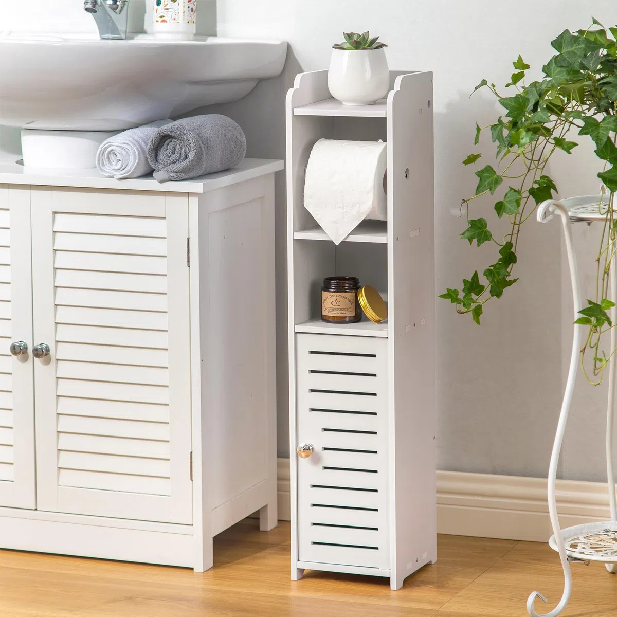 AOJEZOR Supporto porta carta igienica: armadietto da bagno accanto al WC per bagno piccolo spazio con porta rotolo di carta igienica - bianco