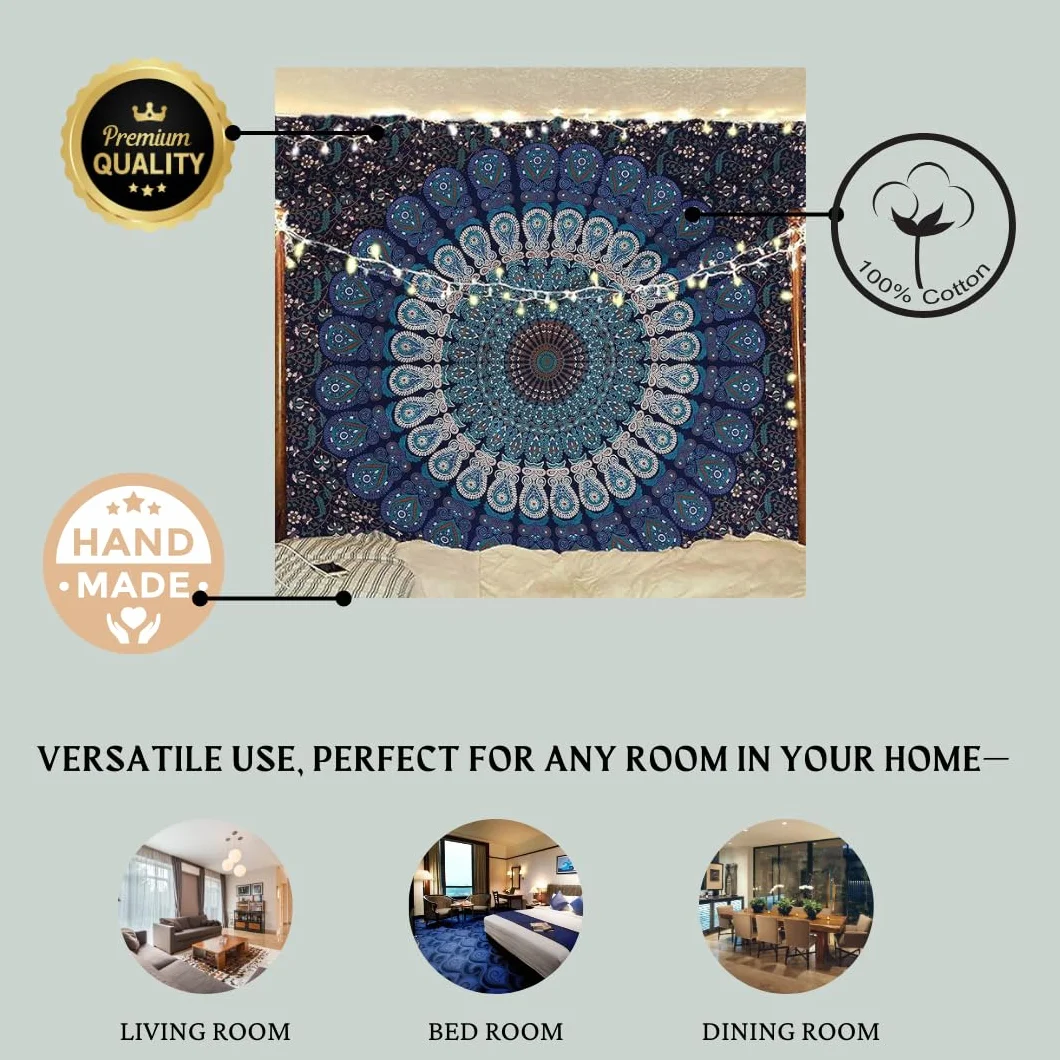 Bless International Arazzo da appendere alla parete o per biancheria da letto, stile hippie indiano, bohémien, psichedelico, pavone, mandala (floreale oro, king size, 225 x 265 cm)